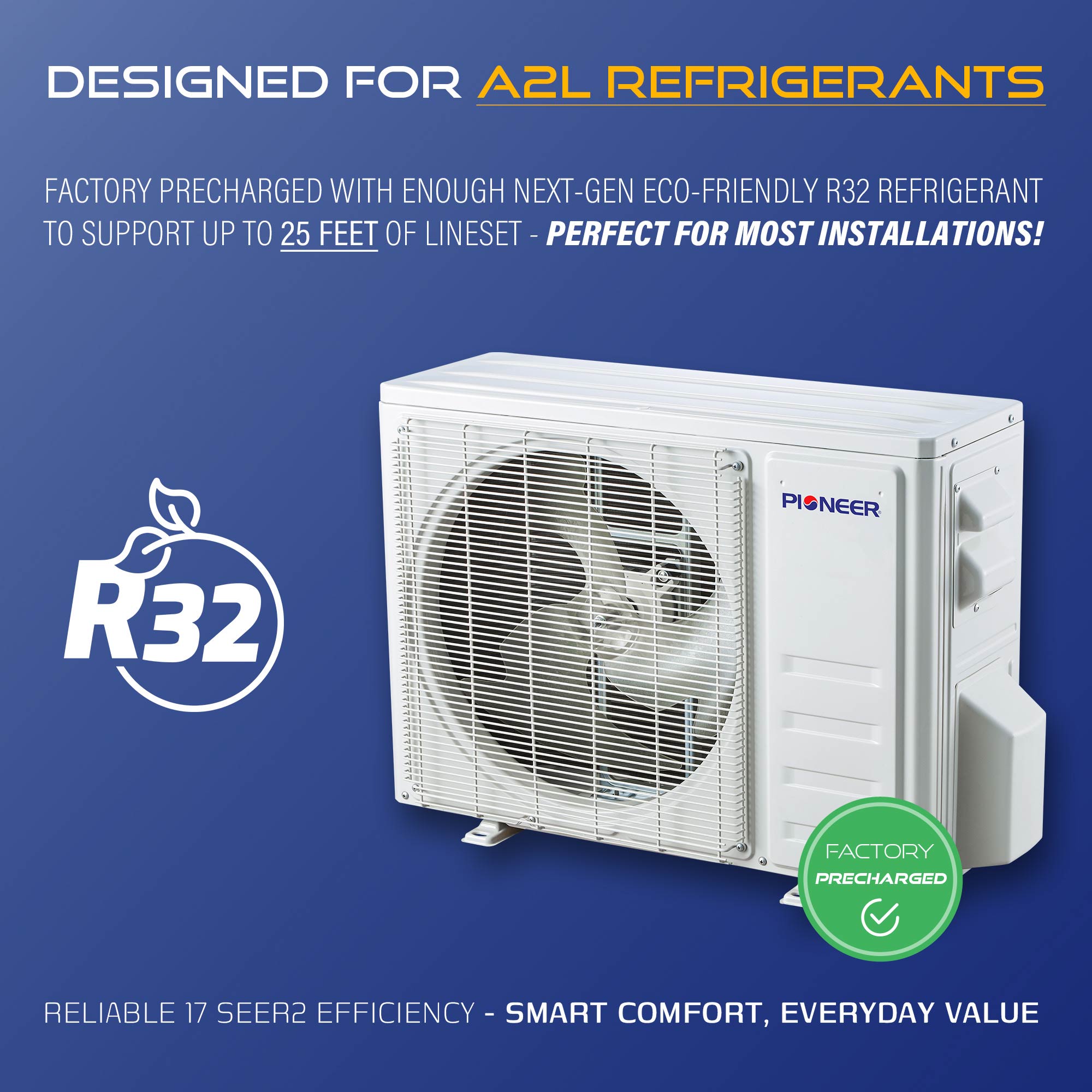 Pioneer air conditioning unit with R32 refrigerant on a blue background