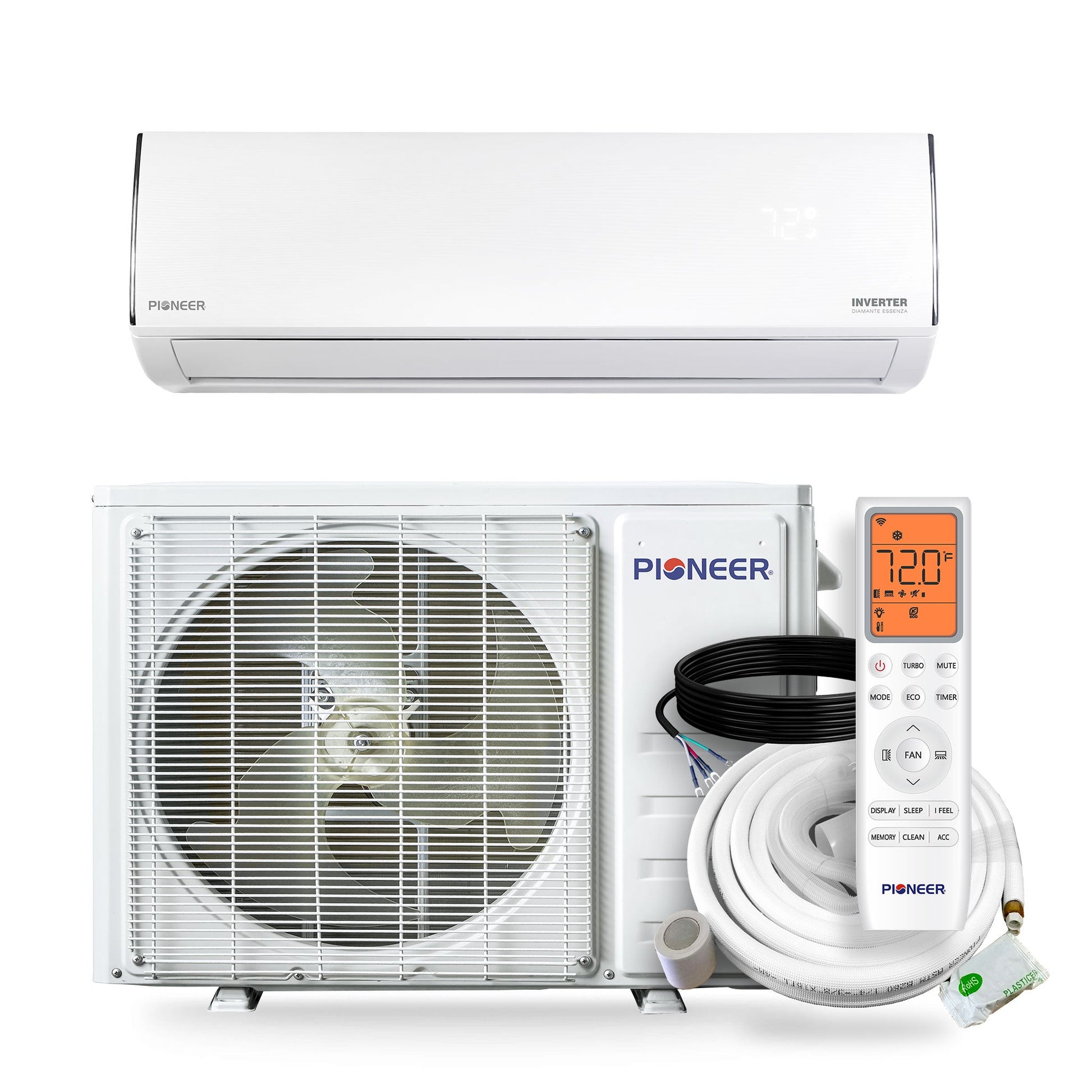 Pioneer air conditioner with remote control on a white background